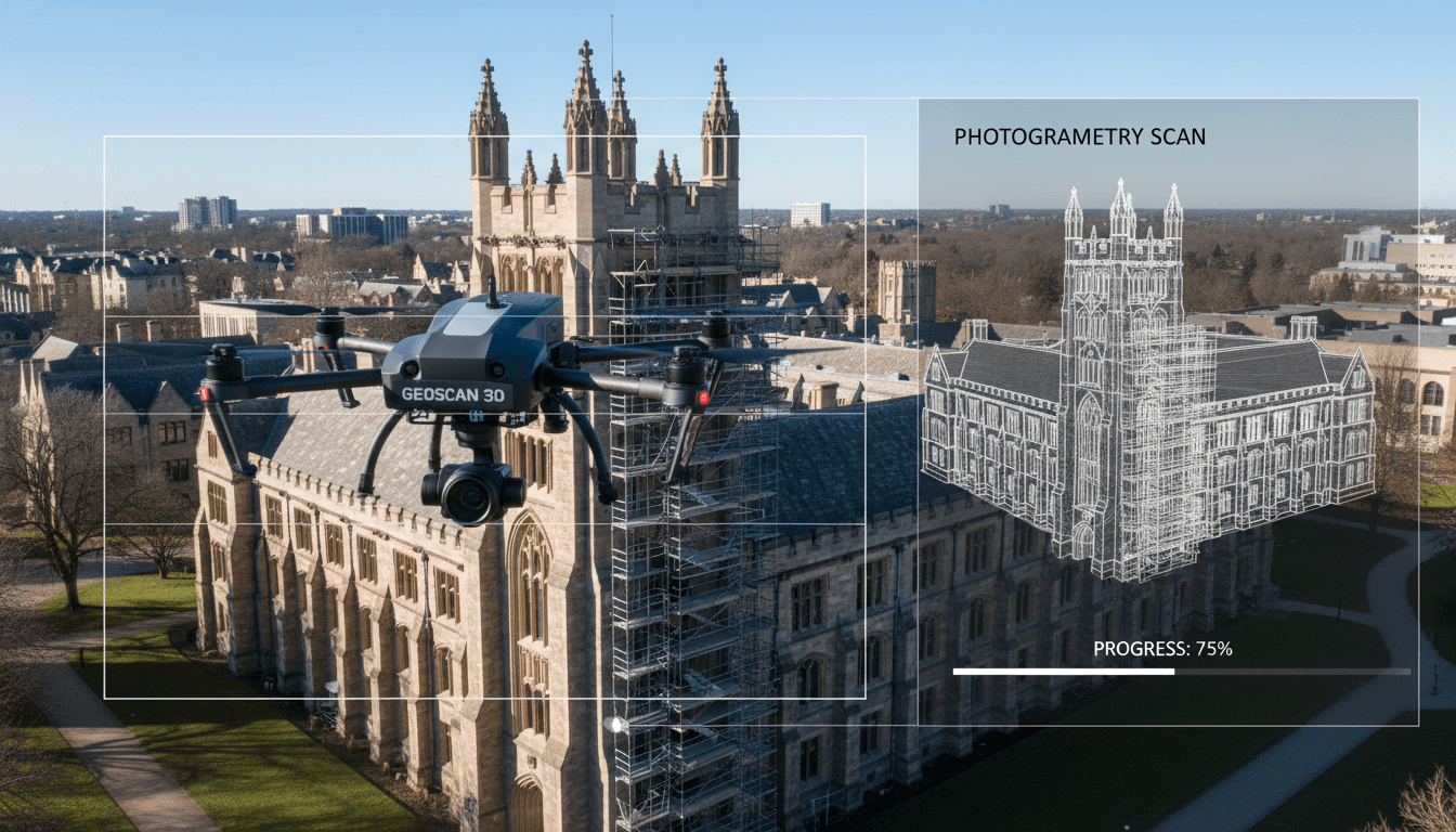 Drohne über einem Gebäude für photogrammetrische Vermessung und 3D-Erfassung