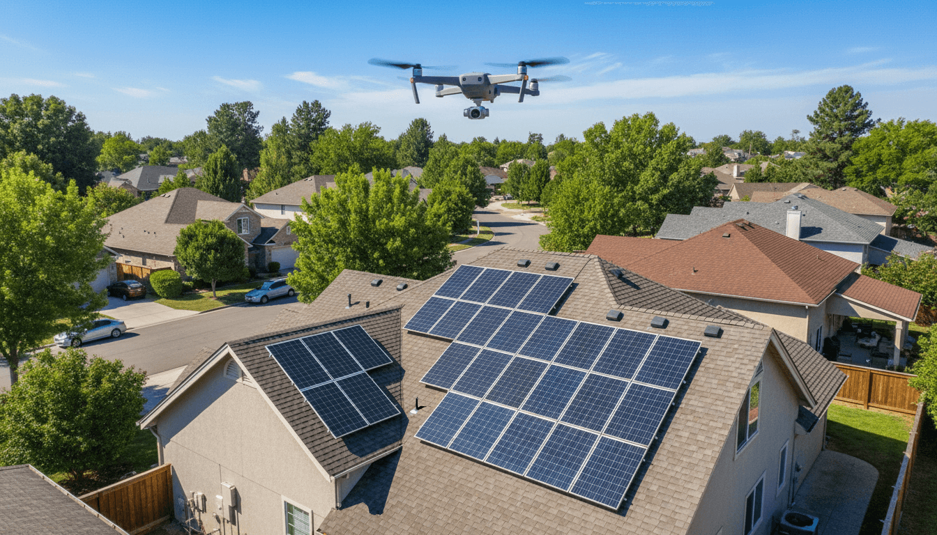 Drohne über einem Dach mit Photovoltaikanlage zur Berechnung des Solarpotenzials