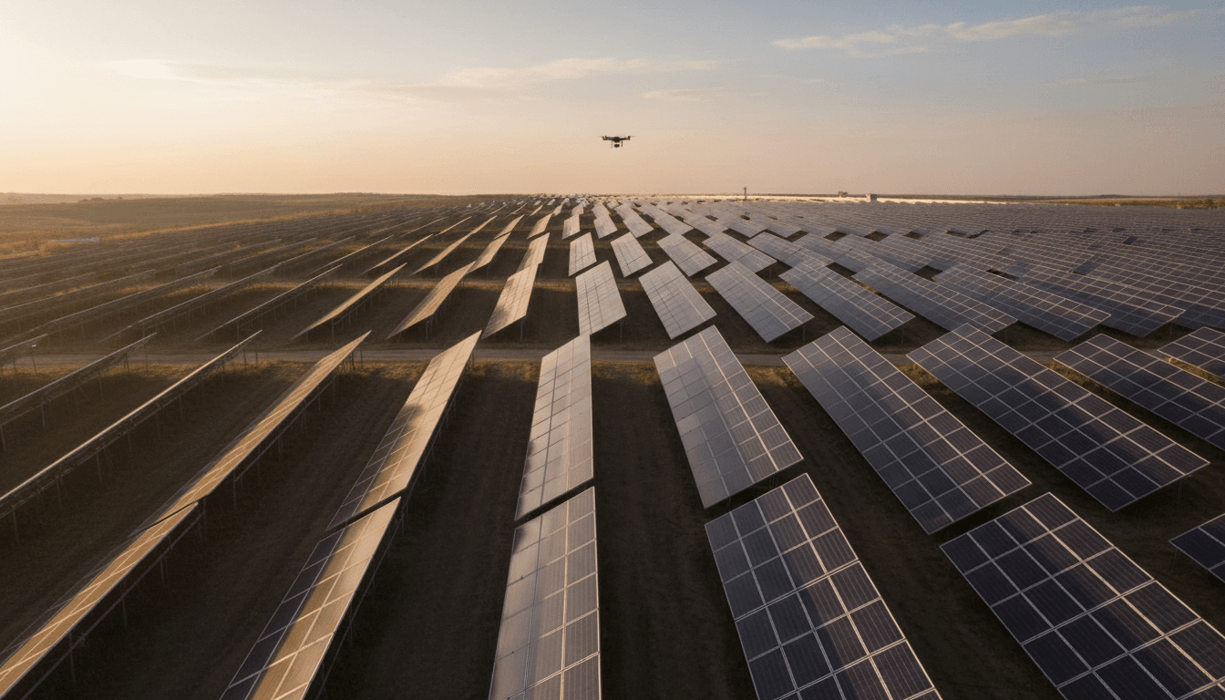Expansive solar farm with hundreds of photovoltaic panels and thermal imaging drone visible performing inspection flight