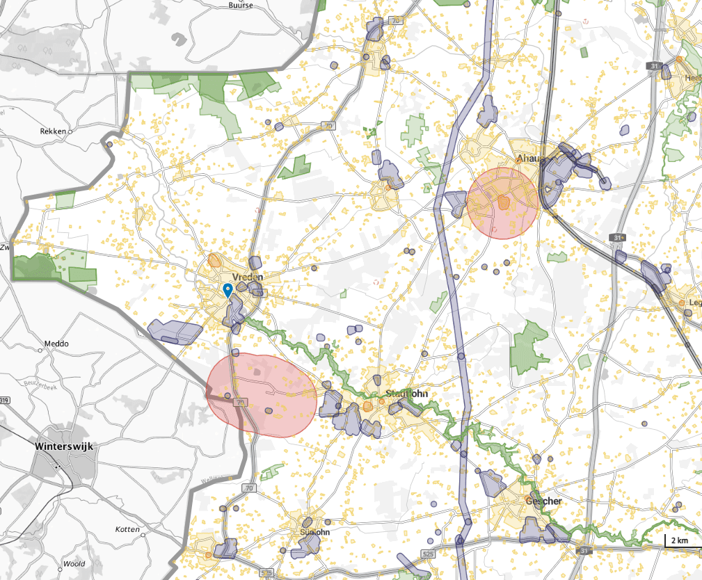 Landkarte der Region Vreden mit roten und blauen Markierungen sowie markierten Städten und Straßen.