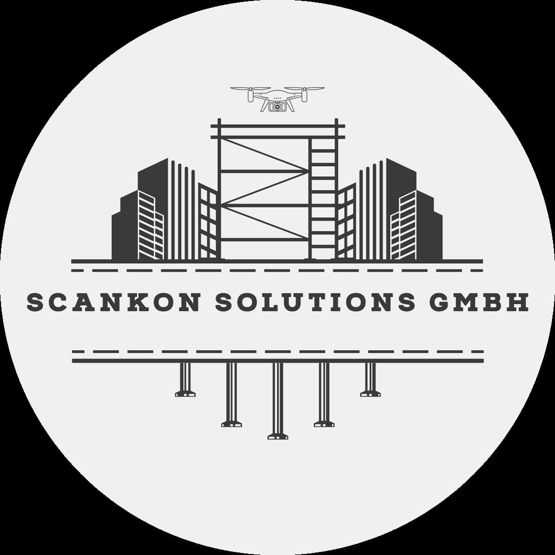 Rundes Logo der Scankon Solutions GmbH mit Drohne, Baugerüst, Gebäuden und einer Brückenkonstruktion.