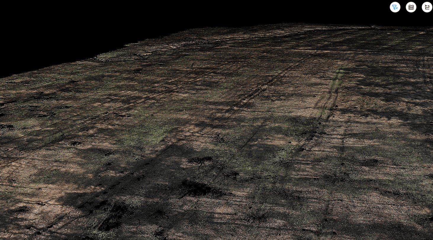 Detaillierte 3D-Punktwolke eines dunklen, erdigen Geländes mit grünen Moosflecken und sichtbaren Fahrspuren.