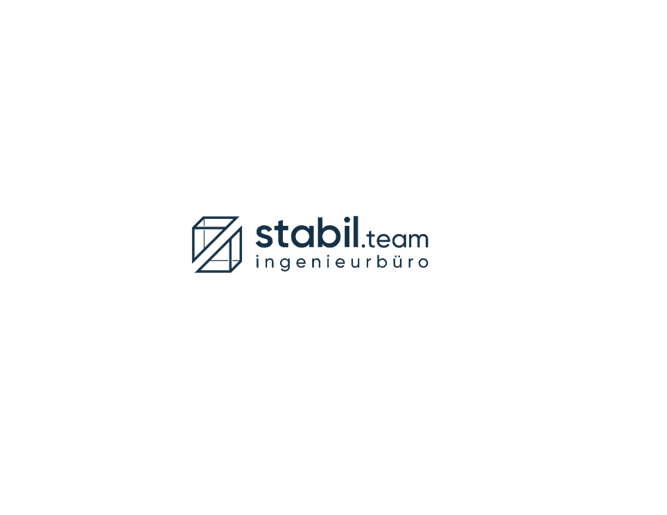 Dunkelblaues Logo von stabil.team ingenieurbüro mit einer abstrakten geometrischen Würfelgrafik auf weißem Hintergrund.