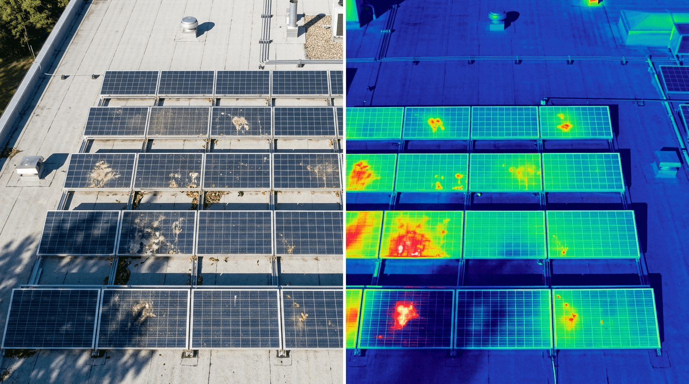 Vergleich von realen Verschmutzungen auf Solarmodulen mit entsprechenden Hotspots in einer thermischen Infrarotaufnahme.